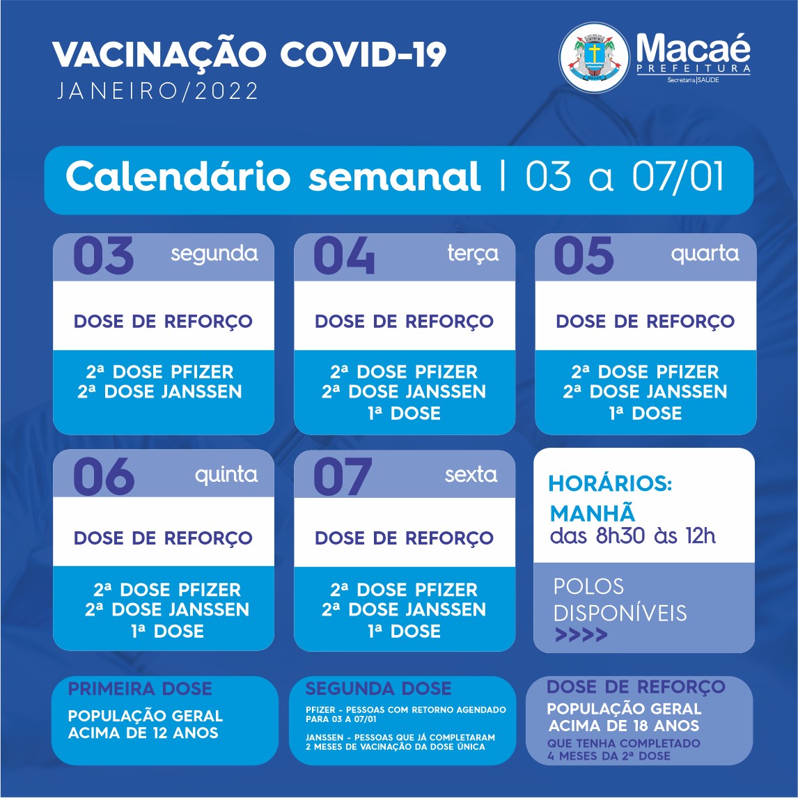 Confira o calendário semanal de vacinação contra a Covid-19 nas redes sociais e site oficial da prefeitura.